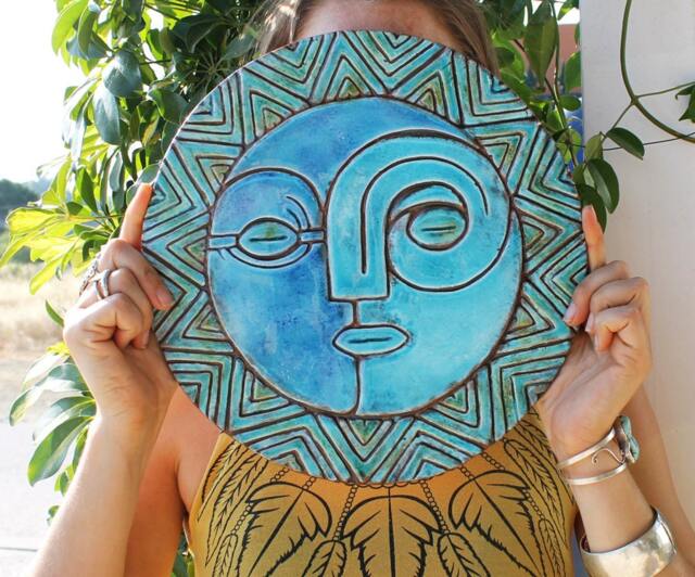 Handmade Ceramic Sun & Moon Wall Art Turquoise/Blue/Green Home Decor - 30cm - image 1