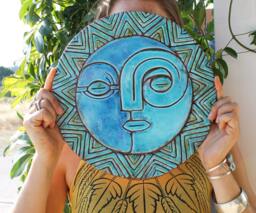 Handmade Ceramic Sun & Moon Wall Art Turquoise/Blue/Green Home Decor - 30cm