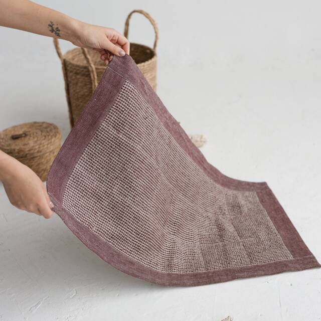 Burgundy Linen Bath Mat, Waffle Weave Vegan Bathroom Rug, Fast Easy Dry Modern Accessory, Absorbing Bathmat - image 1