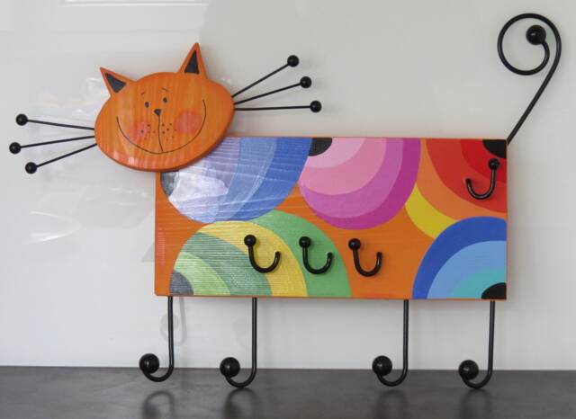 Children's Wardrobe Wood Coat Rack 3D Hooks Wall Hook Handpainted Cat - image 1