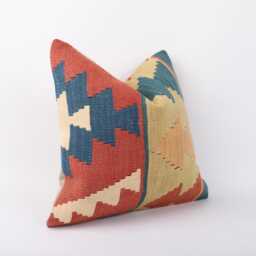 Vintage Turkish Kilim Pillow Cover Handwoven Wool Cushion - 16x16 - thumbnail 3