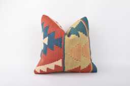Vintage Turkish Kilim Pillow Cover Handwoven Wool Cushion - 16x16 - thumbnail 1
