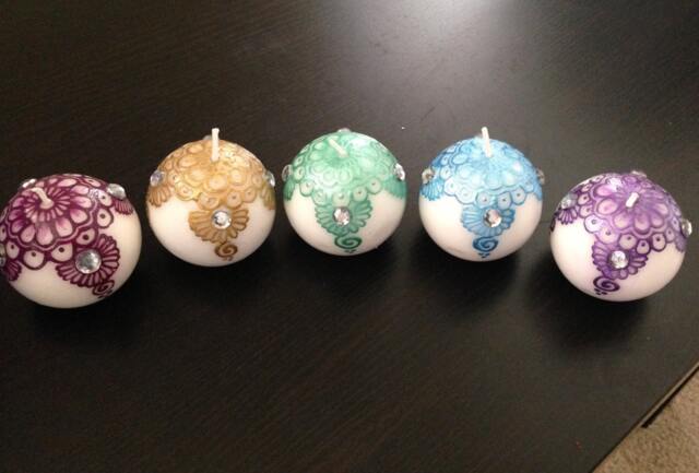 Hand-Painted Henna Round Candle - Silver Gem Accents - image 1