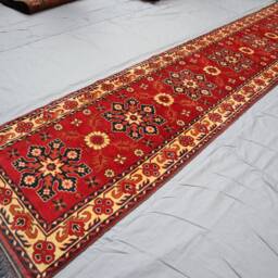 13 Ft Runner Rug Orange Red Geometric Hand Knotted Veg Dyes Wool Runner Rug, Afghan Oriental Runner, Long Hallway Kitchen - thumbnail 3