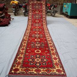 13 Ft Runner Rug Orange Red Geometric Hand Knotted Veg Dyes Wool Runner Rug, Afghan Oriental Runner, Long Hallway Kitchen - thumbnail 4