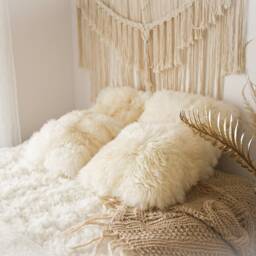Beautiful Unique Real, Natural Sheepskin Pillow Sheepskin Cushion, Soft, Thick Fur - Large Creamy White - thumbnail 3
