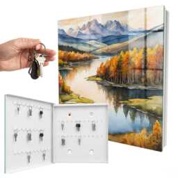 Autumn Mountains Wall Mounted Key Cabinet, Orange Industrial Box, Watercolor Landscapes, For Nature Lovers - thumbnail 2