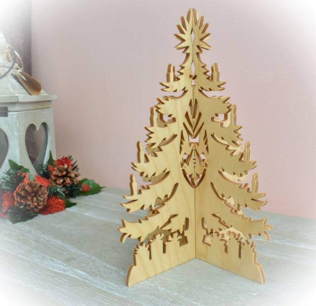 Freestanding 3D Wooden Christmas Tree - Intricate Scroll Saw Design With Doves, Candles & Presents - image 1