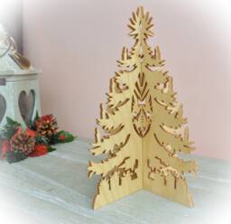 Freestanding 3D Wooden Christmas Tree - Intricate Scroll Saw Design With Doves, Candles & Presents - thumbnail 1