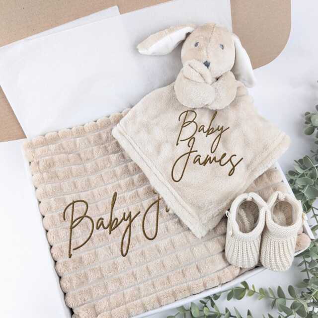 Embroidered Neutral Bunny Comforter Blanket Gift Set - Baby Shower Booties Newborn Girl Boy - image 1