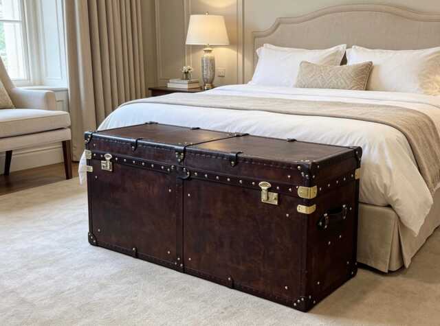 Handmade English Bridle Leather Steamer Trunk, Vintage Style Storage Chest, Bespoke Coffee Table - image 1