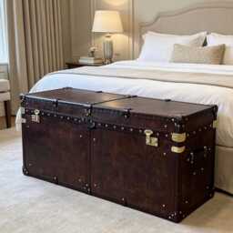 Hand-Pinned Bridle Leather Steamer Trunk Bespoke Coffee Table, Ottoman, Storage Chest - thumbnail 2