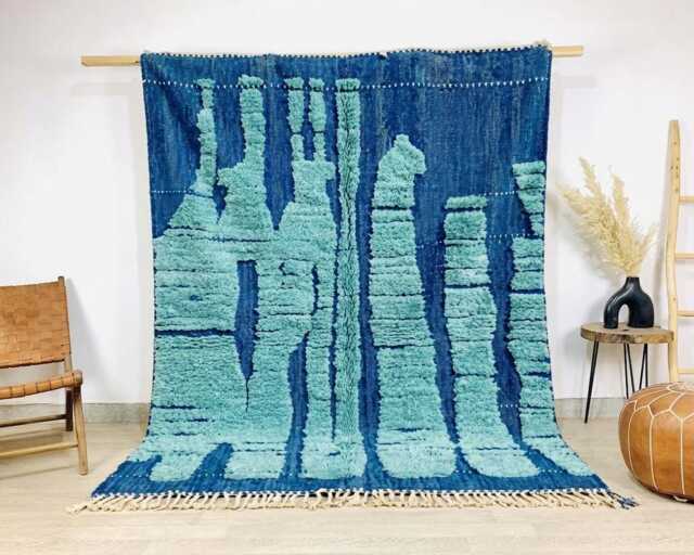 Hand Tufted Blue Living Room Rug - Organic Vertical Design Carpet Shaggy Moroccan Wool - image 1