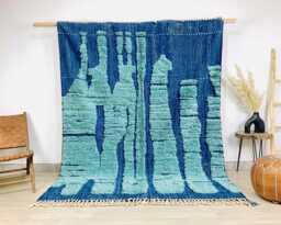 Hand Tufted Blue Living Room Rug - Organic Vertical Design Carpet Shaggy Moroccan Wool