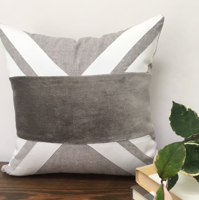 Geometric Gray Linen Pillow Cover, Silver Chenille Stripe, Handmade - image 1