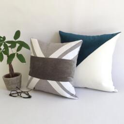 Geometric Gray Linen Pillow Cover, Silver Chenille Stripe, Handmade - thumbnail 4