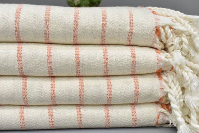 "Beach Towel, Turkey Handwoven Peshtemal Orange Striped Organic Cotton 65""x35" - image 1