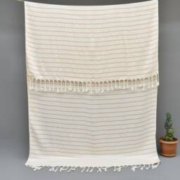 "Beach Towel, Turkey Handwoven Peshtemal Orange Striped Organic Cotton 65""x35" - thumbnail 4