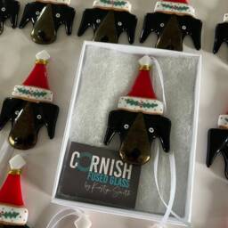 Fused Glass Dog Christmas Decoration -Fused Ornament, Dog Decoration, Santa Hat Cornish Fused Glass - thumbnail 3