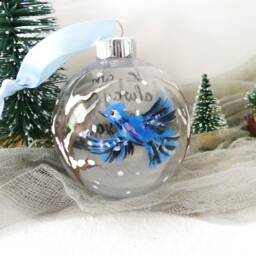 Winter Scene Blue Jay Ornament, A Blue Flying To A Plum Tree in The Snow, Blue Bird Christmas Bauble - thumbnail 3