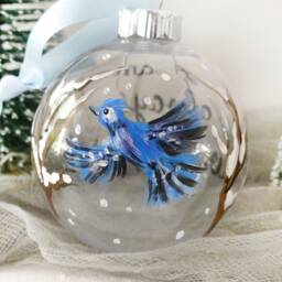 Winter Scene Blue Jay Ornament, A Blue Flying To A Plum Tree in The Snow, Blue Bird Christmas Bauble - thumbnail 2