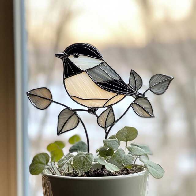Bird Real Stained Glass Plant Stake - Handmade Garden Decor, Gift For Lovers Suncatcher - image 1