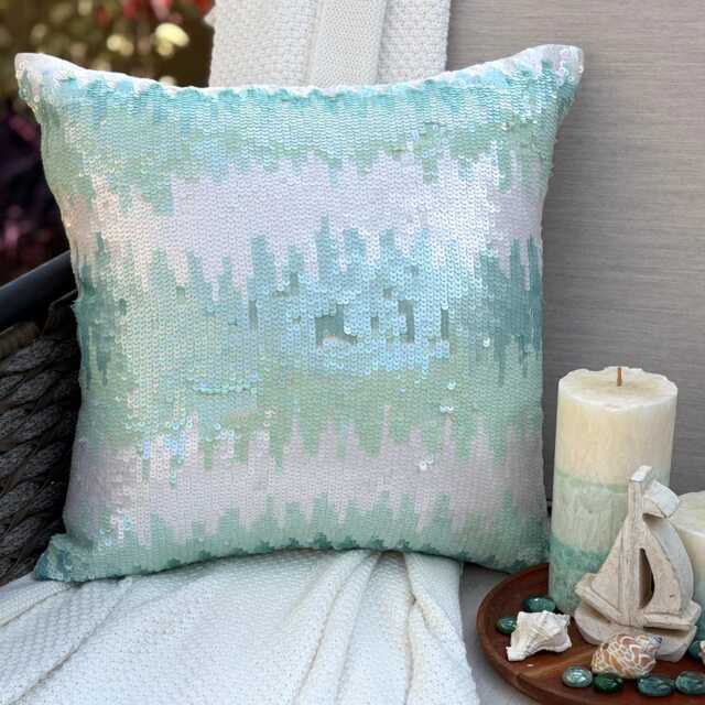 Aqua Blue Sequins Art Silk Ombre Pattern, Modern Style Throw Pillow Cover/Euro Sham - Freezed - image 1