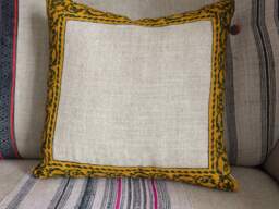 Decorative Linen Pillow Cover, Traditional Block Printed Borders Design , Sofa Cushions, Living Room - thumbnail 1