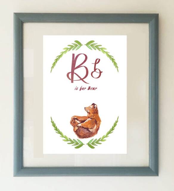 Nursery Art, B Is For Bear, Woodland Nursery Bear Letter B, Decor, Animal Alphabet - image 1