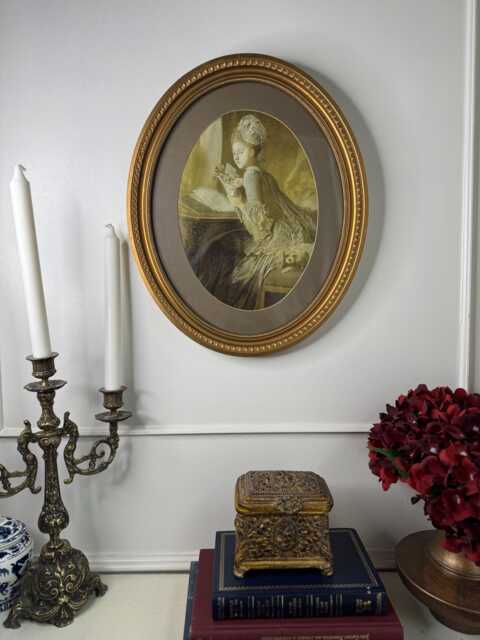 Elegant Antique Wall Print in Oval Gilt Gold Wooden Picture Frame - Large Framework - image 1