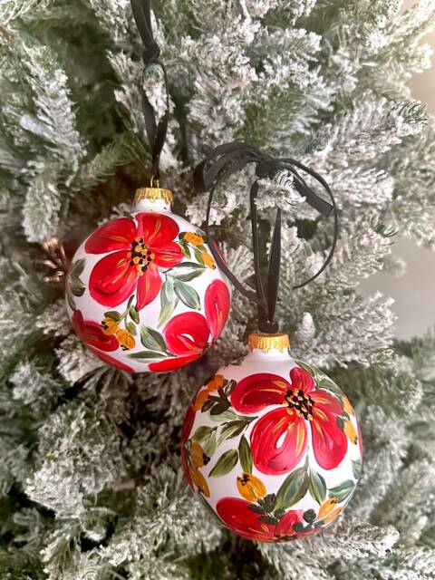 Hand Painted Floral Poppy Christmas Ornament - Custom Made Botanical Red White Ball - image 1
