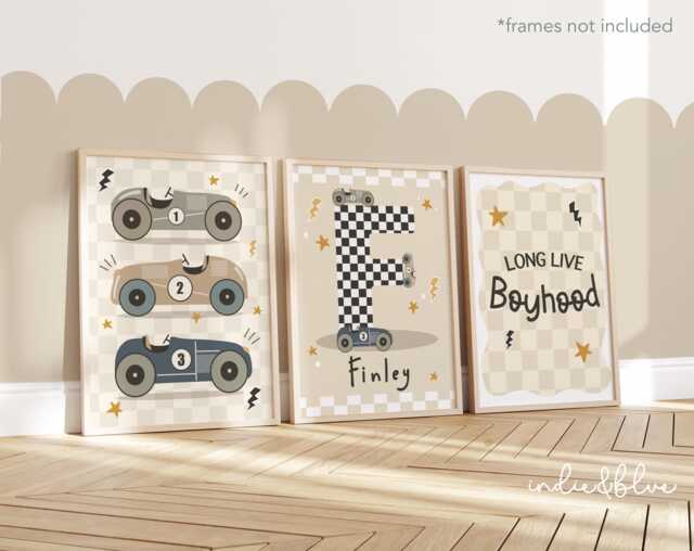 Set Of 3 Personalised Race Car Prints in Neutral Colours, Retro Vintage Little Racer Checkered Flag, Long Live Boyhood Print For Boy Bedroom - image 1
