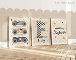 Set Of 3 Personalised Race Car Prints in Neutral Colours, Retro Vintage Little Racer Checkered Flag, Long Live Boyhood Print For Boy Bedroom - thumbnail 1