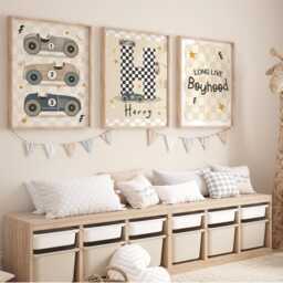 Set Of 3 Personalised Race Car Prints in Neutral Colours, Retro Vintage Little Racer Checkered Flag, Long Live Boyhood Print For Boy Bedroom - thumbnail 2
