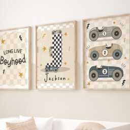 Set Of 3 Personalised Race Car Prints in Neutral Colours, Retro Vintage Little Racer Checkered Flag, Long Live Boyhood Print For Boy Bedroom - thumbnail 3