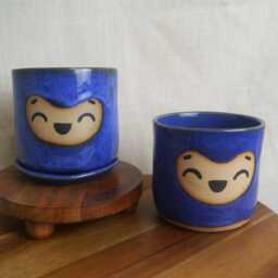 Happy Plant Pots - Handmade Stoneware Pot Cute Decorative With Saucer Pottery Kawaii - thumbnail 3