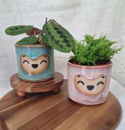 Happy Plant Pots - Handmade Stoneware Pot Cute Decorative With Saucer Pottery Kawaii - thumbnail 1