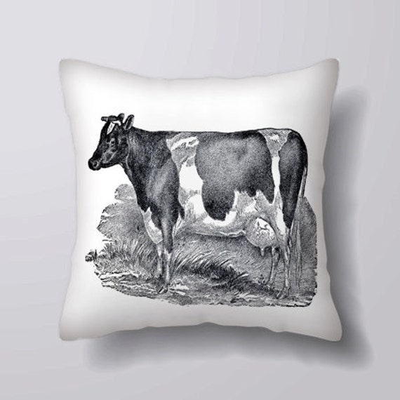 Vintage Cow Black & White Illustration -Can Becustomizeable Personlized -Cushion Cover Case Or Stuffed With Insert - image 1