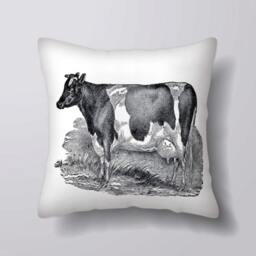 Vintage Cow Black & White Illustration -Can Becustomizeable Personlized -Cushion Cover Case Or Stuffed With Insert - thumbnail 1
