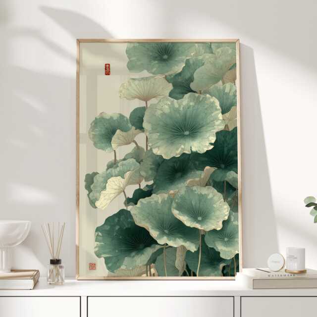 Quiet Canopy - Japanese Lotus Leaf Wall Art Ukiyo-E Botanical Calm Japandi Print - image 1