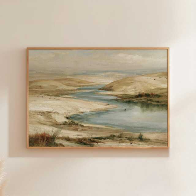 River Valley Poster, Neutral Landscape Wall Art, Wetland Painting - image 1