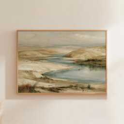 River Valley Poster, Neutral Landscape Wall Art, Wetland Painting - thumbnail 1