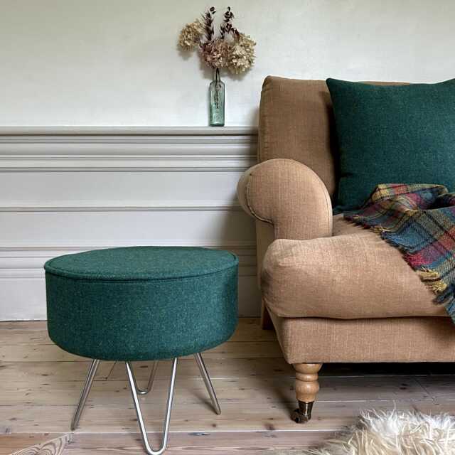 Harris Tweed Peacock Footstool With Steel Hairpin Legs - image 1