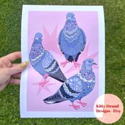 Pink Pigeon Art Print Colorful Bird Dopamine Decor - thumbnail 2