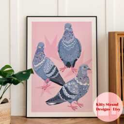 Pink Pigeon Art Print Colorful Bird Dopamine Decor - thumbnail 1
