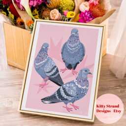 Pink Pigeon Art Print Colorful Bird Dopamine Decor - thumbnail 3