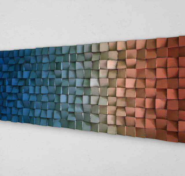 Ombre Wood Wall Art - Sound Diffuser Burned Orange Blue Decor - image 1