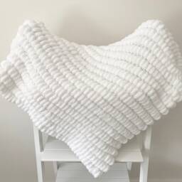Hand Knitted Pom Baby Blanket White - Pram Size - Approx 66cmx86cm - thumbnail 2
