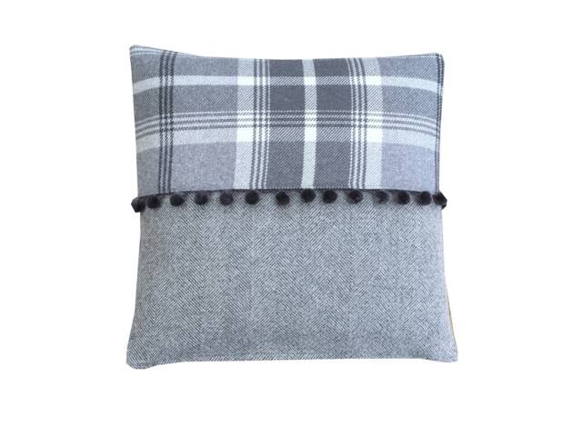 Handmade Balmoral Tartan Plaid Pillow Cover Dove Grey Tweed With Pompoms - image 1