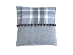 Handmade Balmoral Tartan Plaid Pillow Cover Dove Grey Tweed With Pompoms - thumbnail 1